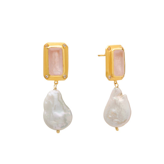 Hanging Pearl Earring w Rose Quartz & Topaz