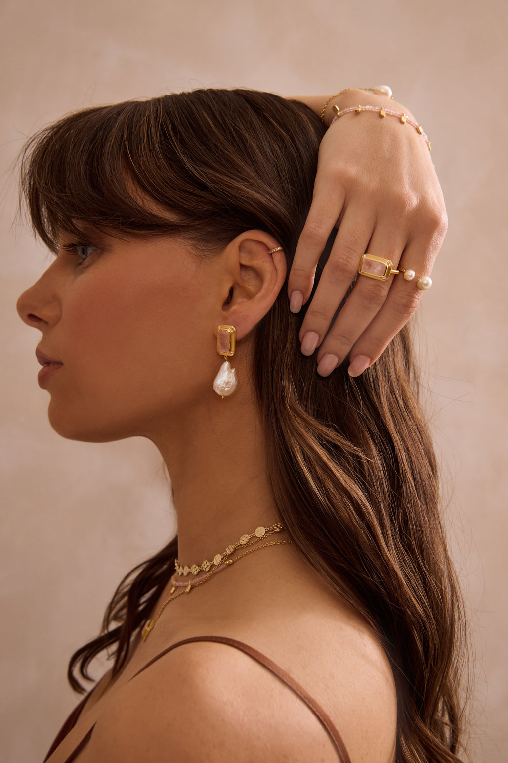 Hanging Pearl Earring w Rose Quartz & Topaz