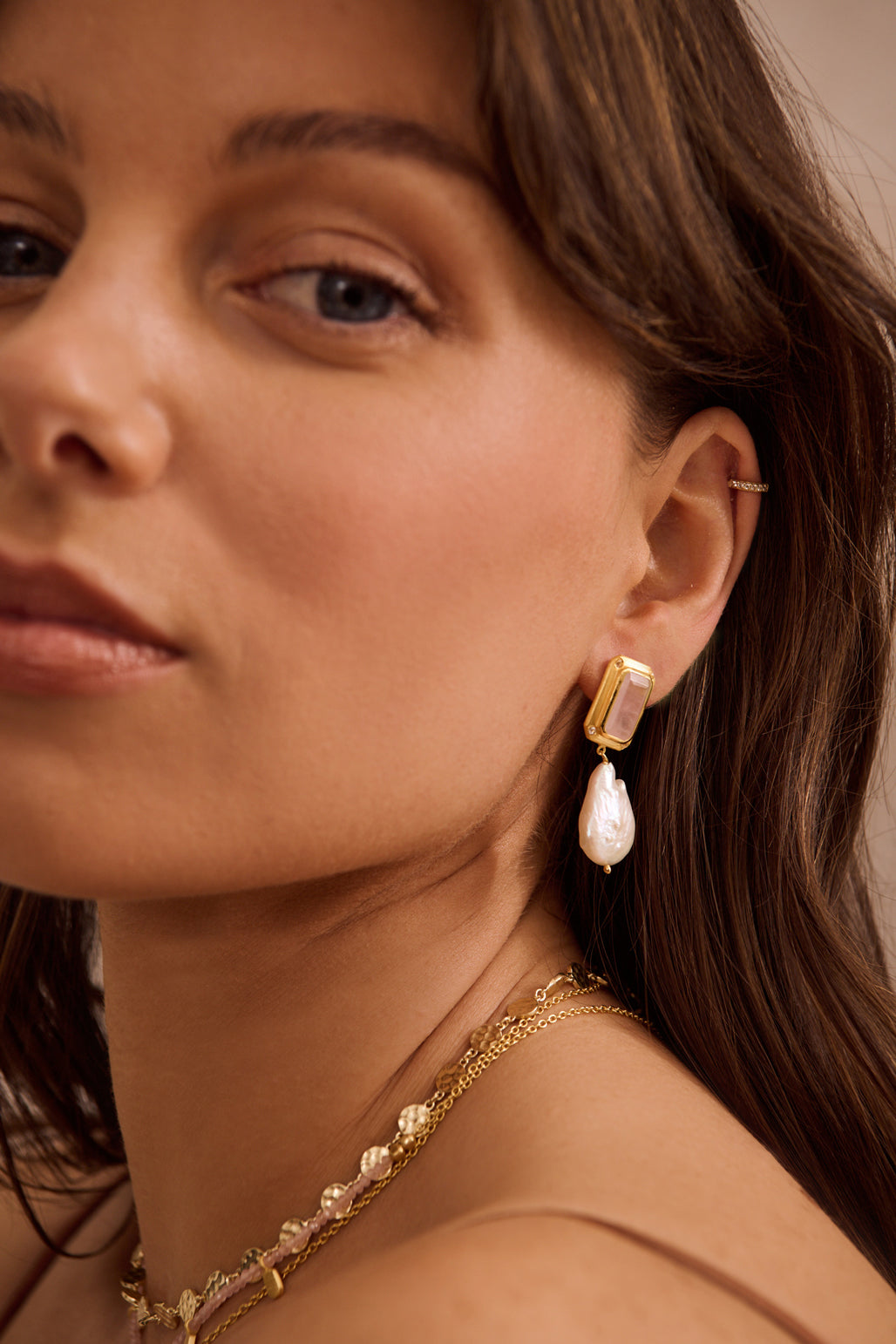 Hanging Pearl Earring w Rose Quartz & Topaz