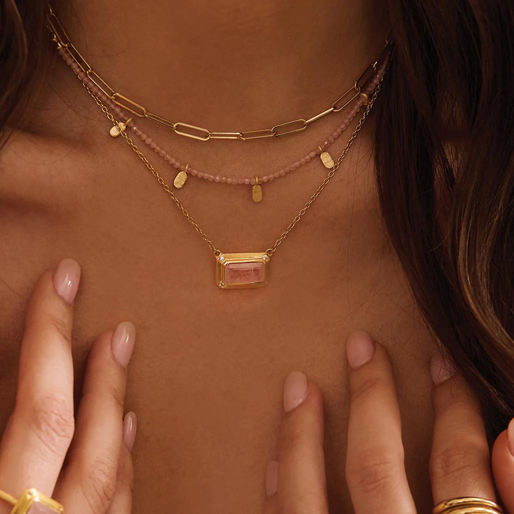 Rose Quartz Pendant Necklace w White Topaz