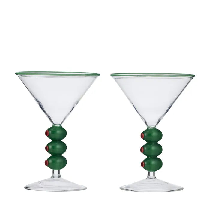 Olive S/2 Cocktail Glass 11x15cm Clear/Green - Roma Gift & Gourmet