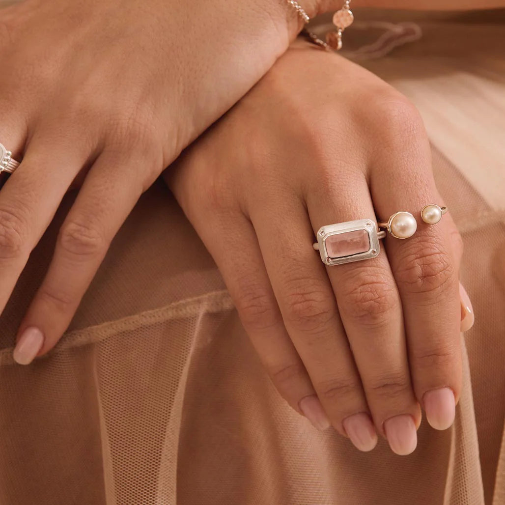 Rose Quartz & White Topaz Ring -  Silver