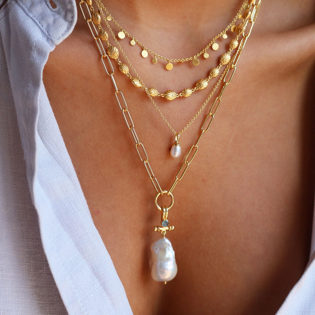 Of the Sea Pearl and Aquamarine T- bar Necklace