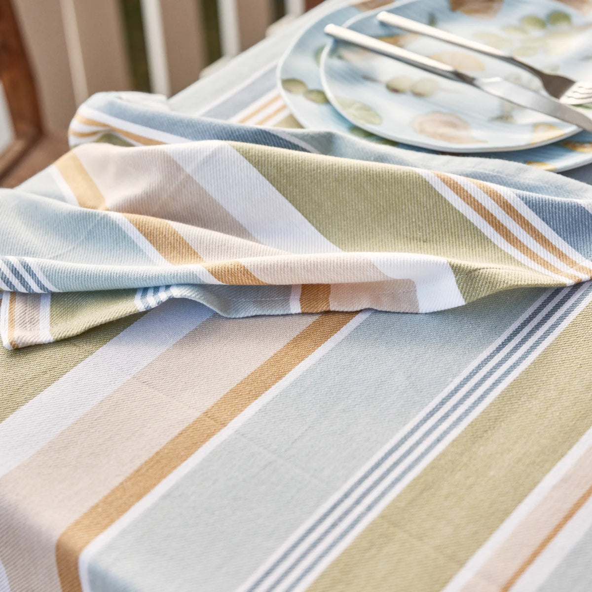 Fairhaven Blue/Green Stripe Tablecloth