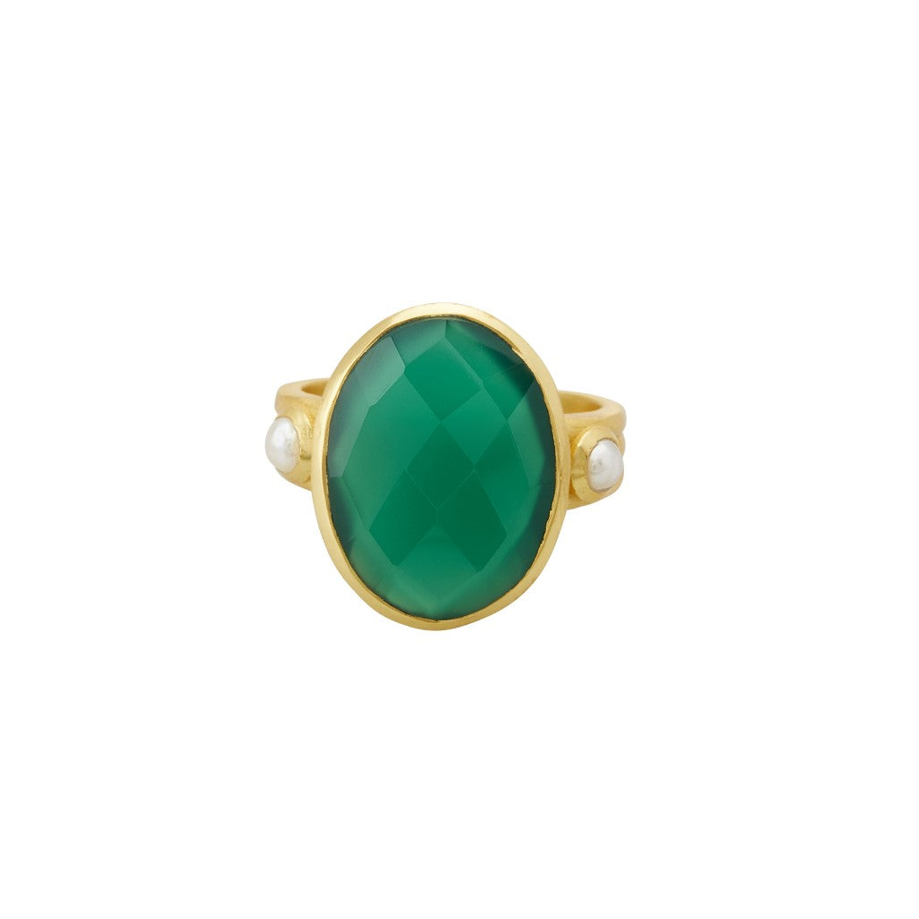 Wandering Soul Green Onyx & Pearl Gold Ring