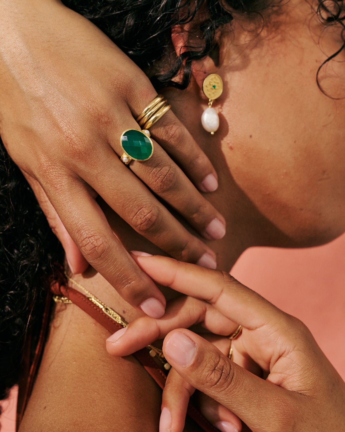 Wandering Soul Green Onyx & Pearl Gold Ring