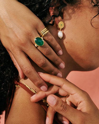Wandering Soul Green Onyx & Pearl Gold Ring