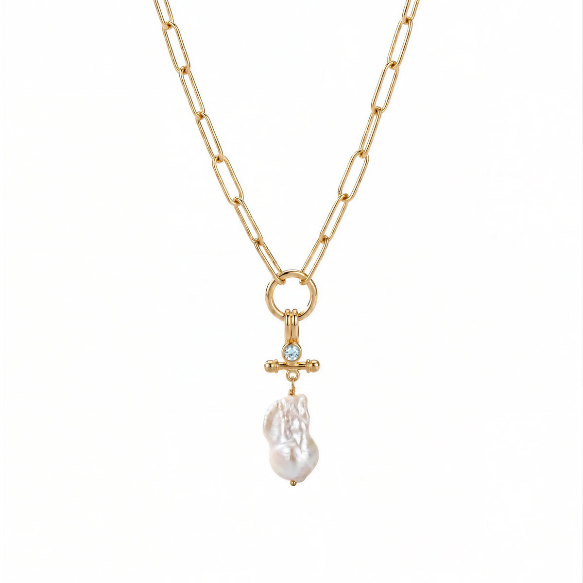 Of the Sea Pearl and Aquamarine T- bar Necklace
