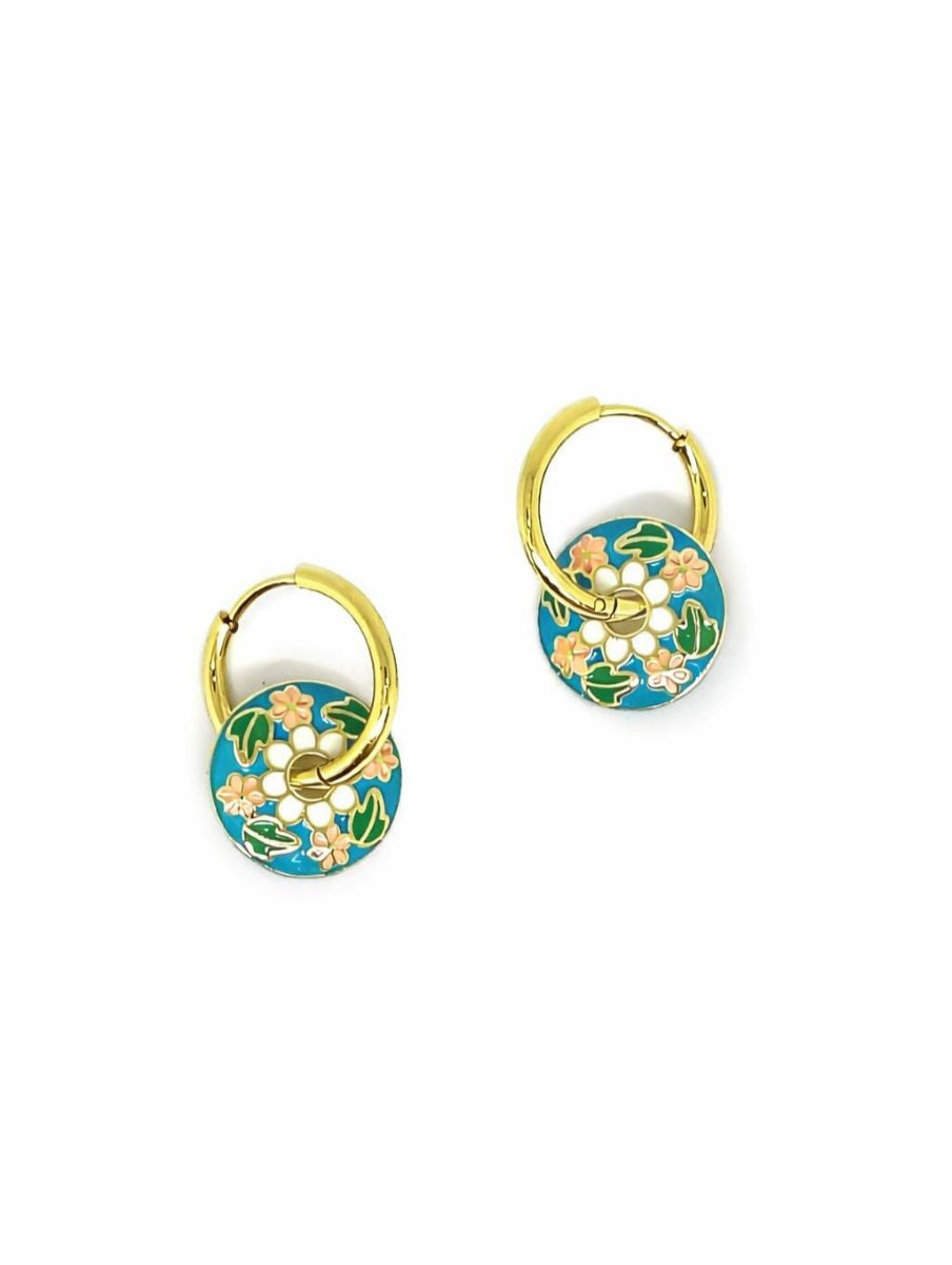 Blue Oriental Flower Disc Huggie