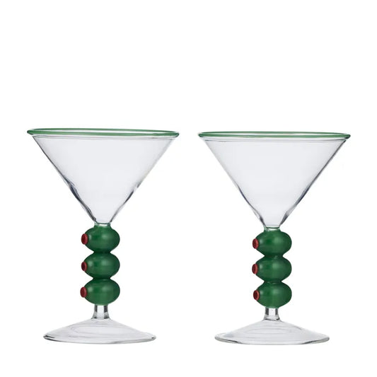 Olive S/2 Cocktail Glass 11x15cm Clear/Green - Roma Gift & Gourmet