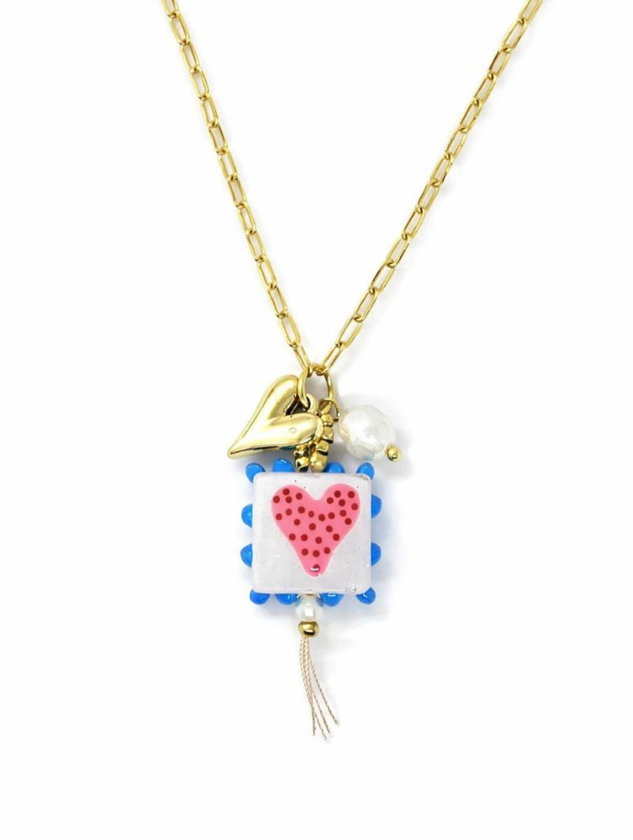 White Painted Heart Tile Necklace