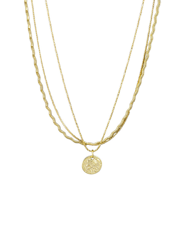 Gold Triple Chain and Coin Necklace